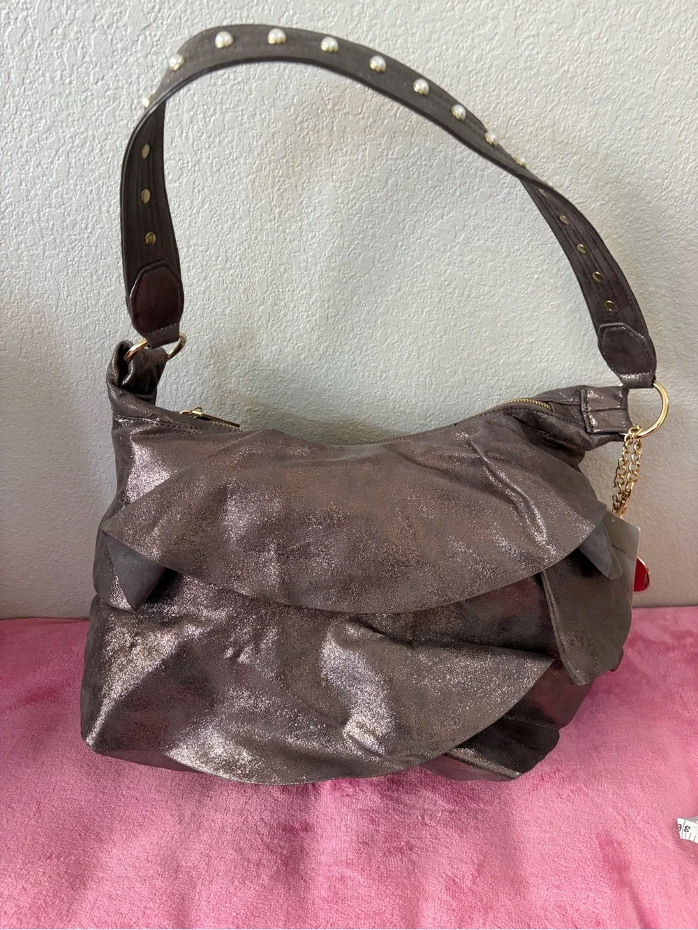 Betsey Johnson Metallic Hobo with Pearl-Embellished Strap